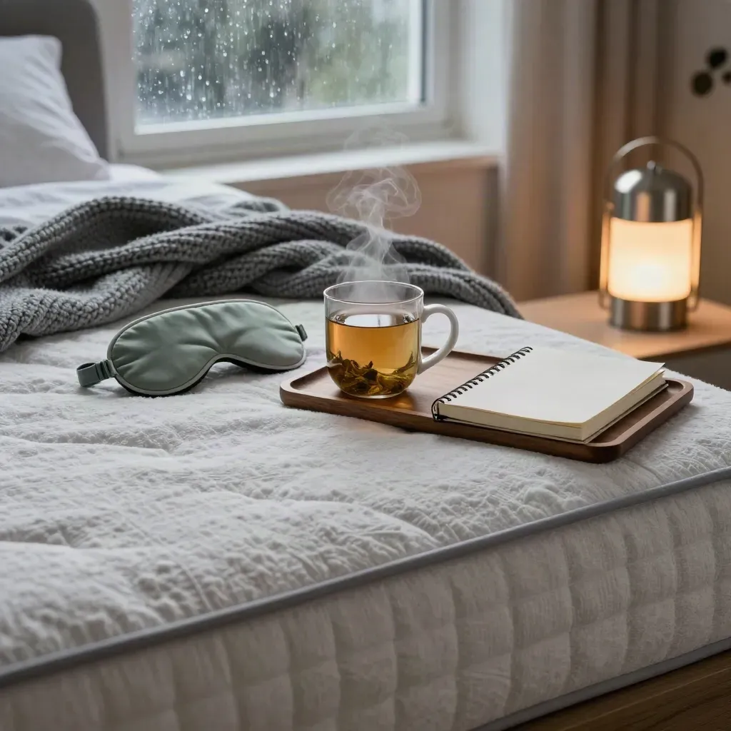 Nightstand with tea, eye mask, knit blanket, lamp, and journal by rain-lit window