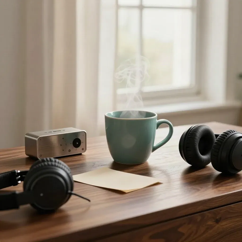 Steaming teal cup, timer, headphones and curtain in a calm breathing break by an open window.