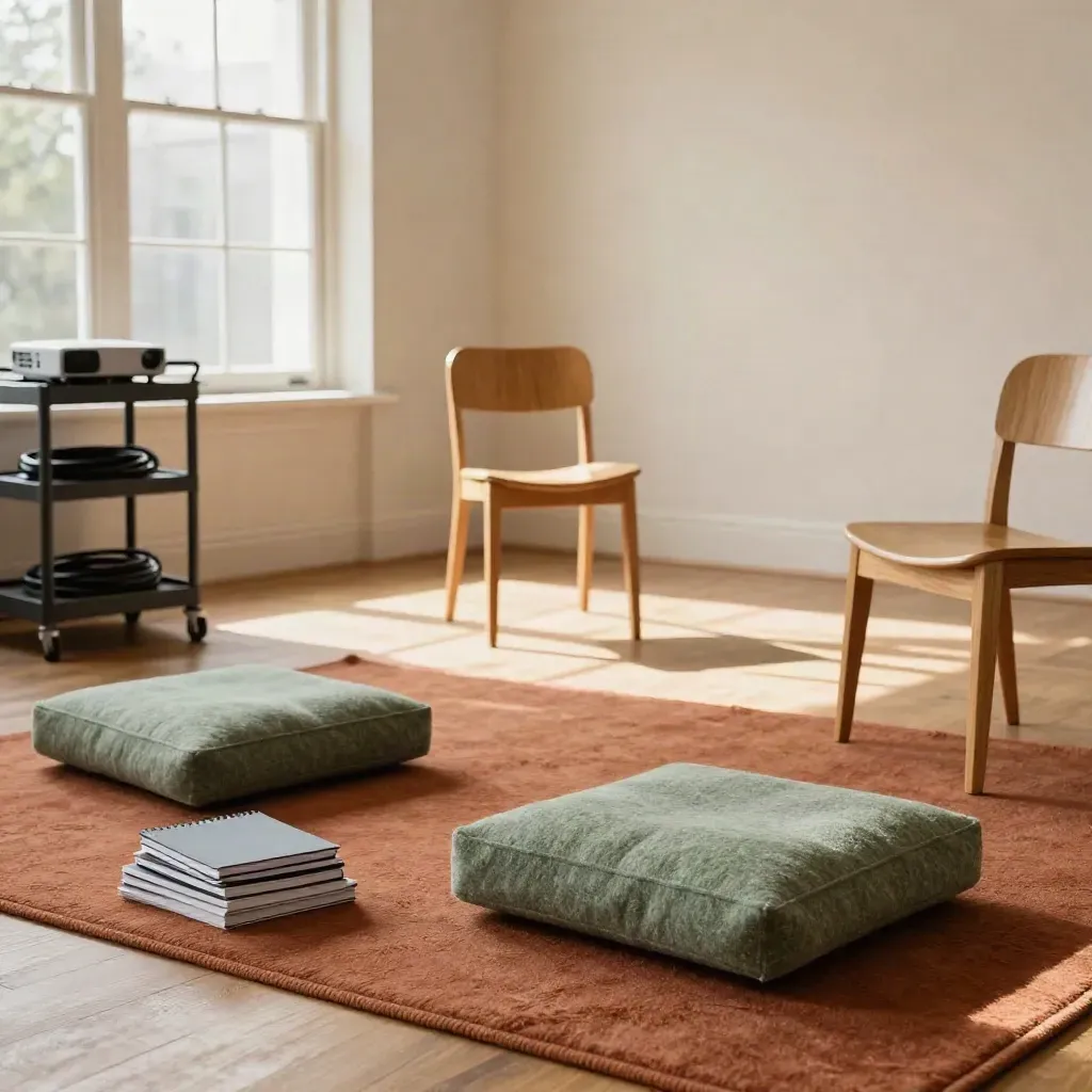 Empty wellness workshop room with sage cushions, chairs, notebooks, and projector cart in warm light