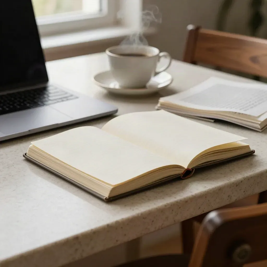 Writer’s dining table with notebook, closed laptop, tea, and face-down drafts by a bright window.