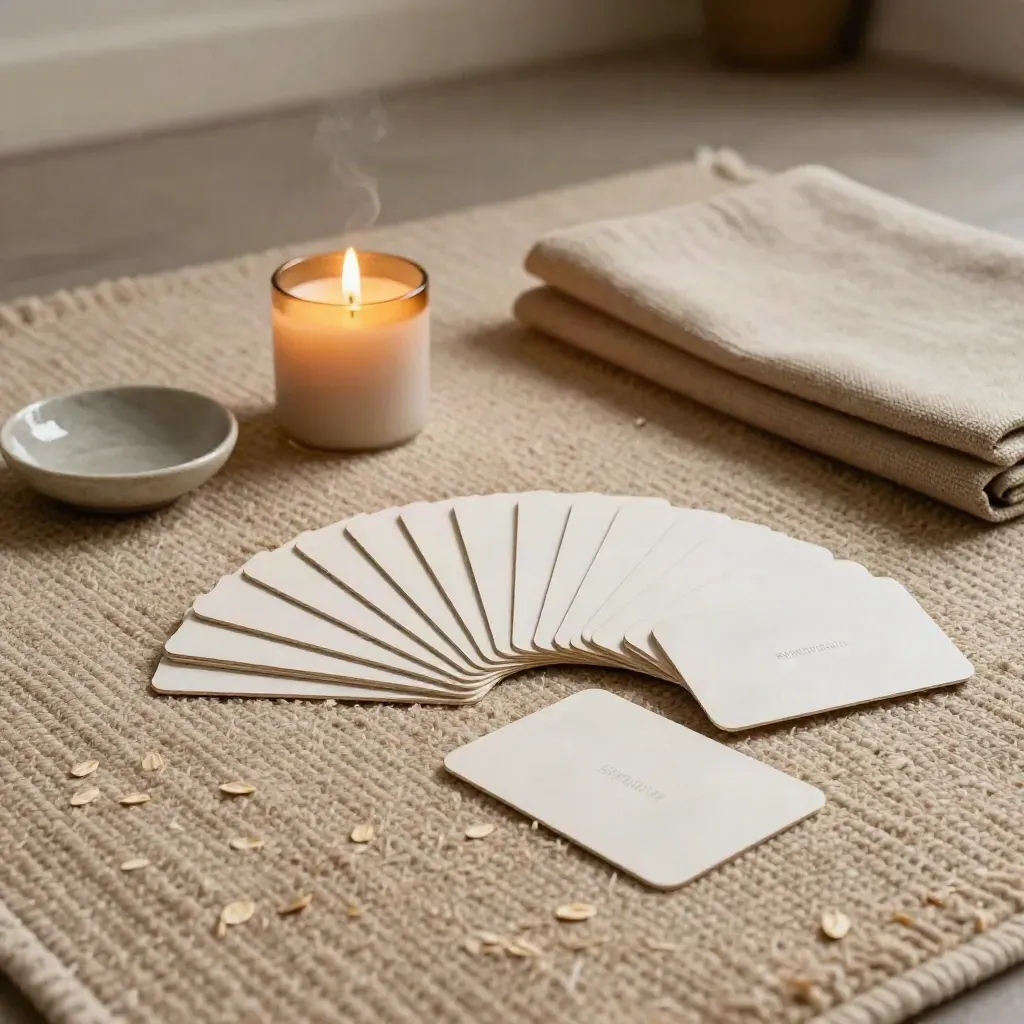 Breathing cards, candle, stone dish and folded mat on an oatmeal rug