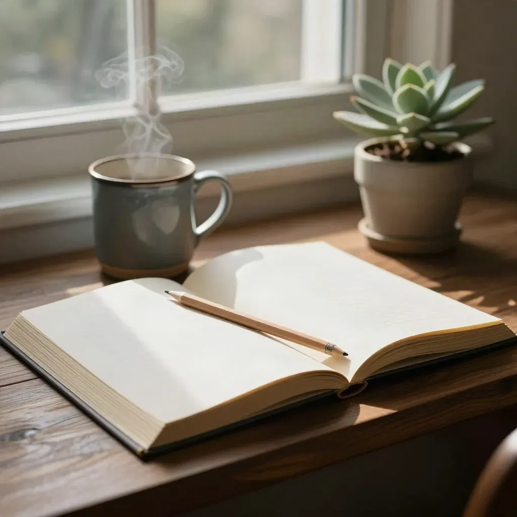 Open journal, pencil, steaming mug, and potted plant on a sunlit walnut desk.