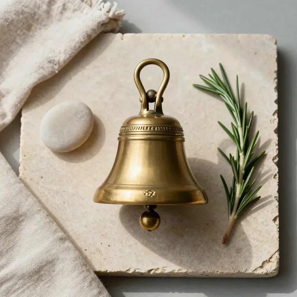 Overhead brass meditation bell with pebble, rosemary and linen on pale stone